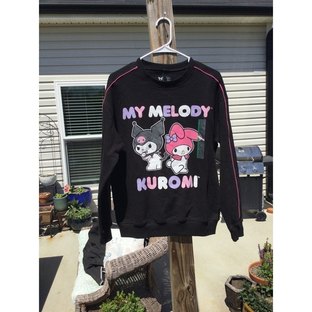 Sanrio womens sweatshirt M medium black NEW‎ my melody Kuromi pink stripe cat